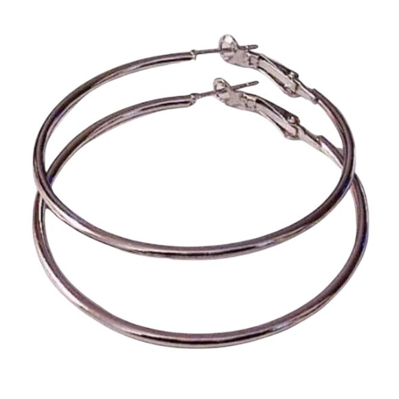 1 1/2 Inch 40mm Hoop Pierced Post Earrings Silver Tone Round With Support Clip - Picture 2 of 3